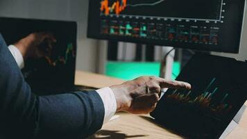 Financial Analyst Working on a Computer with Multi-Monitor Workstation with Real-Time Stocks, Commodities and Foreign Exchange Charts. Businessman Works in Investment Bank City Office at Night. video