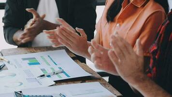 Business people clapping hands in conference, celebrating success and showing support at a training seminar for work. Closeup of colleagues giving applause, motivation and appreciation at a workshop video