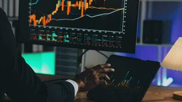 Financial Analyst Working on a Computer with Multi-Monitor Workstation with Real-Time Stocks, Commodities and Foreign Exchange Charts. Businessman Works in Investment Bank City Office at Night. video