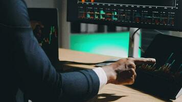 Financial Analyst Working on a Computer with Multi-Monitor Workstation with Real-Time Stocks, Commodities and Foreign Exchange Charts. Businessman Works in Investment Bank City Office at Night. video