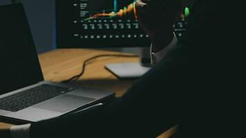 Financial Analyst Working on a Computer with Multi-Monitor Workstation with Real-Time Stocks, Commodities and Foreign Exchange Charts. Businessman Works in Investment Bank City Office at Night. video