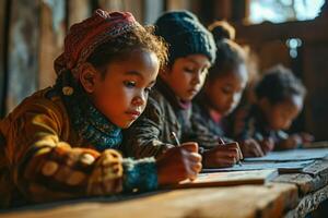 AI generated kindergarten kids drawing a nature object at a park during sunrise photo