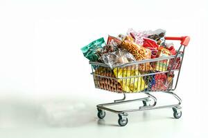 AI generated a cart full with groceries item on white background photo