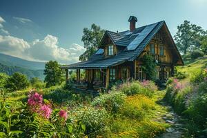 AI generated European house up in the hill equipped with solar panel photo