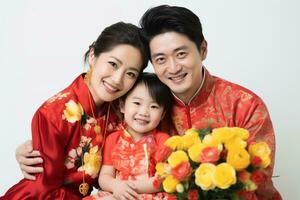 ai generado un familia de joven chino celebrando chino nuevo año con aislado blanco antecedentes foto