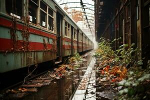 ai generado abandonado tren estación con melancólico y destrozado ventanas foto