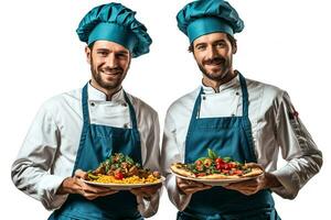 ai generado cocineros sonriente y felizmente demostración su manjares foto