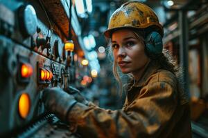 AI generated close up view of an engineer working at his station at a steel factory photo