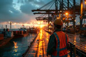 AI generated An engineer from behind at busy port full with ships and containers. photo