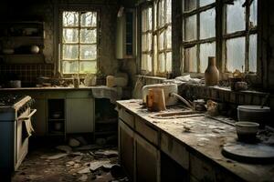 AI generated Abandoned old kitchen with shattered windows photo