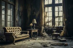 AI generated Abandoned living room natural disaster photo