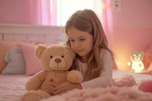 AI generated Young girl holding a teddy bear at her bedroom photo