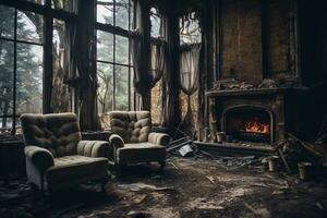 AI generated Abandoned living room natural disaster photo