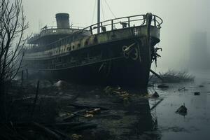AI generated Abandoned and wrecked ship with gloomy surrounding AI Generated photo