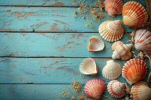 AI generated colourful shells on a rusted blue wooden background photo