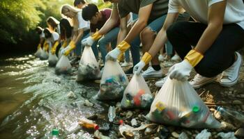 AI generated Close-up photo of a group of volunteers of diverse descent, both male and female, wearing gloves and diligently removing trash from a riverbank.