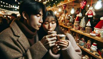 AI generated Photo capturing a close-up moment where a couple of Asian descent enjoys their hot cocoa, their breath visible in the chilly air.