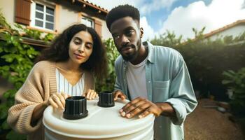 ai generado un Pareja examinando un agua tanque en el jardín juntos foto