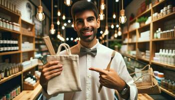 AI generated Photo capturing a business owner of Hispanic descent, male, in an indoor setting, proudly displaying products with reusable packaging.