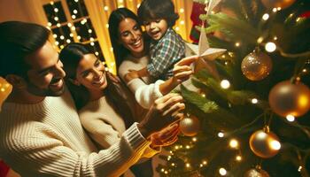 ai generado perder hasta foto de un familia de Hispano descendencia, absorto en decorando su Navidad árbol. en medio de el la risa y charla