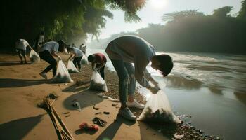 AI generated Photo capturing a moment where volunteers of Asian descent are bending down, picking up waste from the riverbank.