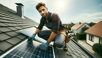 AI generated a technician on a residential rooftop, diligently installing solar panels. photo