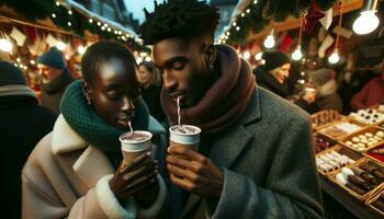 AI generated Photo of individuals of African descent in a close-up shot, engrossed in conversation as they sip on hot cocoa.