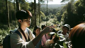 ai generado foto capturar un de cerca momento dónde un excursión guía de asiático descendencia, masculino, es demostración un especial planta a intrigado turistas en un naturaleza reservar.