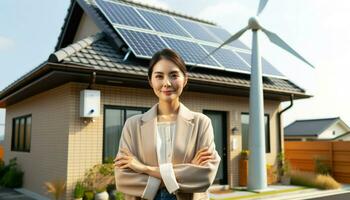 AI generated Photo of a homeowner of Asian descent, female, with a confident expression, standing next to her house adorned with solar panels. A wind turbine stand
