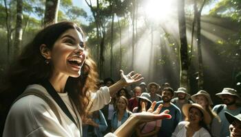 AI generated Close-up photo of a tour guide of Hispanic descent, female, in a nature reserve, passionately explaining the significance of the untouched landscapes