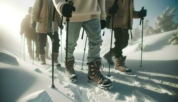 AI generated A photo that captures a close-up moment of a group of friends walking on a snowy road.