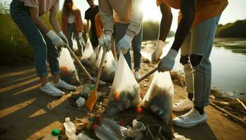 AI generated Close-up photo of a group of volunteers of African descent, working together to clean up a riverbank.