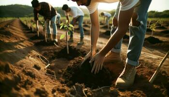 ai generado de cerca foto de un equipo de individuos de Hispano descendencia, trabajando diligentemente a planta arboles en un estéril tierra.