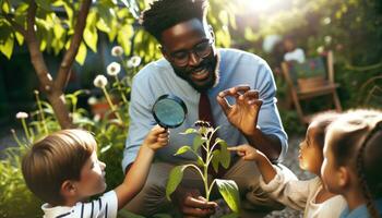 ai generado foto de un profesor de africano descendencia, masculino, atractivo con niños en un al aire libre jardín ajuste.