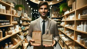 AI generated Photo of a business owner of Caucasian descent, male, inside his eco-friendly store. He presents products with both reusable and biodegradable packaging