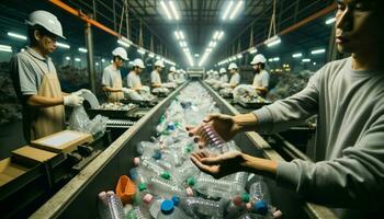 AI generated workers diligently sorting recyclables on a conveyor belt in an indoor facility. photo