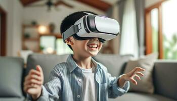 AI generated online education asian Young Boy wearing VR Headset with Living Room Background AI Generative photo