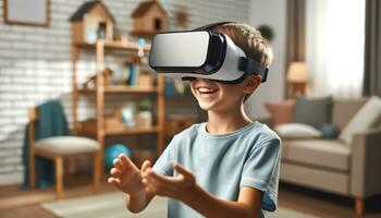 AI generated online education asian Young Boy wearing VR Headset with Living Room Background AI Generative photo