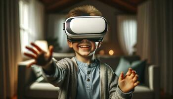 AI generated online education asian Young Boy wearing VR Headset with Living Room Background AI Generative photo