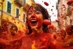 AI generated People throuwing tomatoes. Summer festival. People shouting and laughing. Famous festival with tomato vegetables. photo