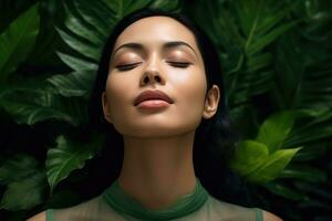 Close up face woman with eyes closed on background of green leaves wall., Relaxed and confident, Generative AI. photo