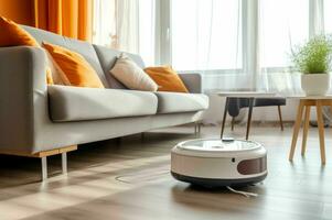 AI generated Wireless futuristic vacuum hoover cleaning machine robot in a living room. photo