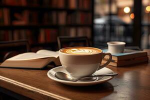 AI generated Cup of coffee while at book store  ,Generative AI photo