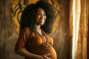 AI generated Pregnant black happy at her growing belly. photo