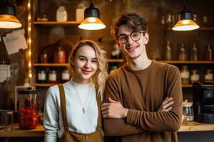 AI generated Business owners couple coffee cafe ,Generative AI photo