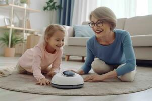 AI generated Senior woman using robot vacuum cleaner via smartphone while with adult daughter helping. photo