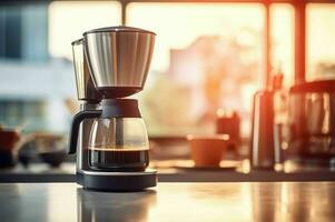 ai generado moderno inteligente café máquina con taza en mostrador en cocina. foto