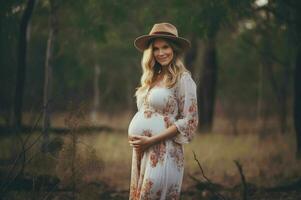 AI generated Pregnant woman happy at her growing belly. photo