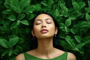 cerca arriba cara mujer con ojos cerrado en antecedentes de verde hojas muro., relajado y seguro, generativo ai. foto