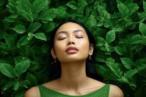 Close up face woman with eyes closed on background of green leaves wall., Relaxed and confident, Generative AI. photo